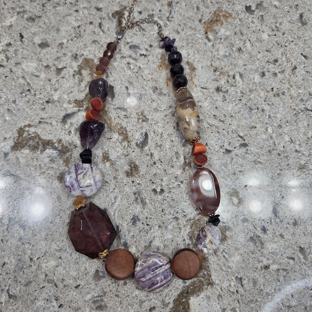 Vintage Bohemian Chunky Mixed Stone Wood Bead Necklace Purple Brown Asymmetric